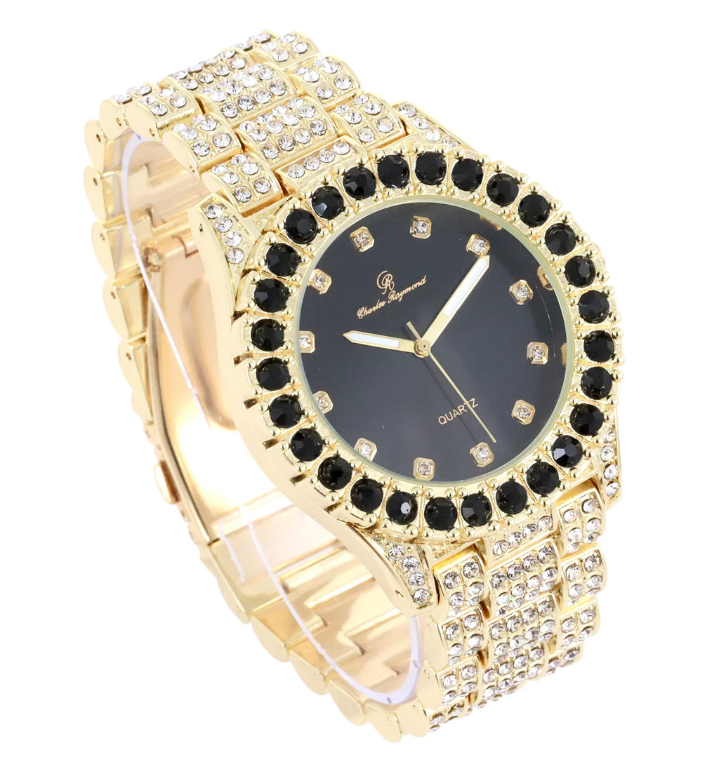 Charles Raymond Ice on Blast! Bling'ed Out Hip Hop Rolly Looks with Ice on Watch Trim and Band with Matching Zig Zag Bling'ed Out Necklace Sets -  Necklace Sets( Gold - Black