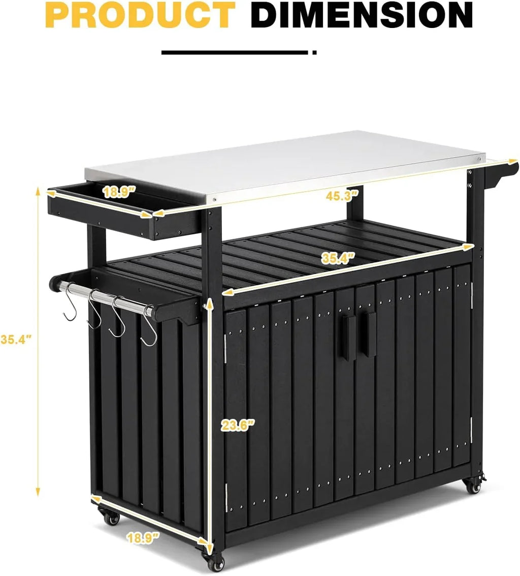Kitchen Cart,  Kitchen Island With Stainless Steel Top And Storage Cabinet, Rolling Island Table With Hooks, Spice Rack, Towel Rack, Black