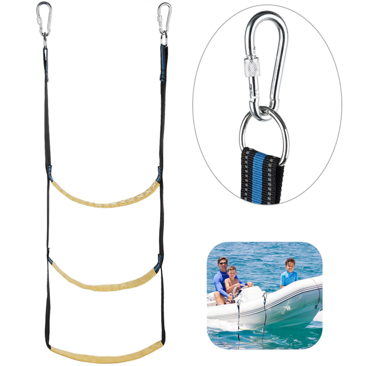 Marine Boat Rope Ladder, 3-Step Portable Rope Boarding Ladder, Folding Climbing Ladder for Inflatable Boat, Sailwatercraft, Kayak, Canoeing, Motorwatercraft