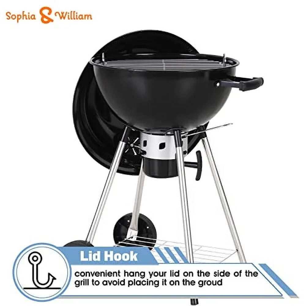 Sophia & William 18-inch Kettle Charcoal  Grill with Porcelain-Enameled Lid and Bowl, Chromeplated Grate, Ash Catcher for Outdoor Picnic  Patio Camping, Black