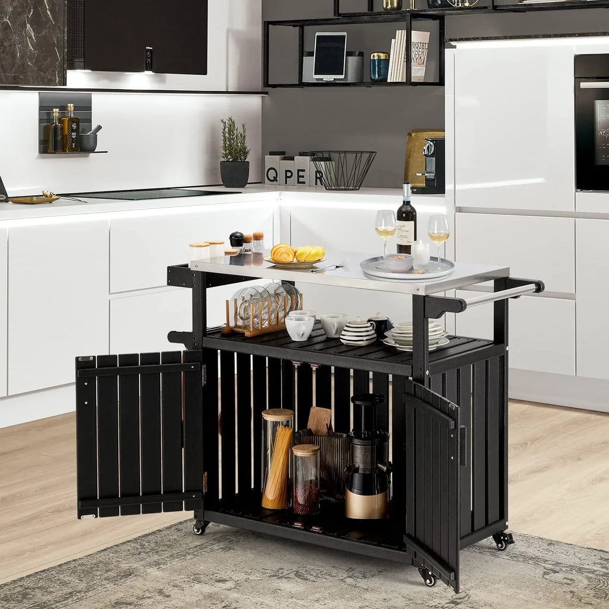 Kitchen Cart,  Kitchen Island With Stainless Steel Top And Storage Cabinet, Rolling Island Table With Hooks, Spice Rack, Towel Rack, Black