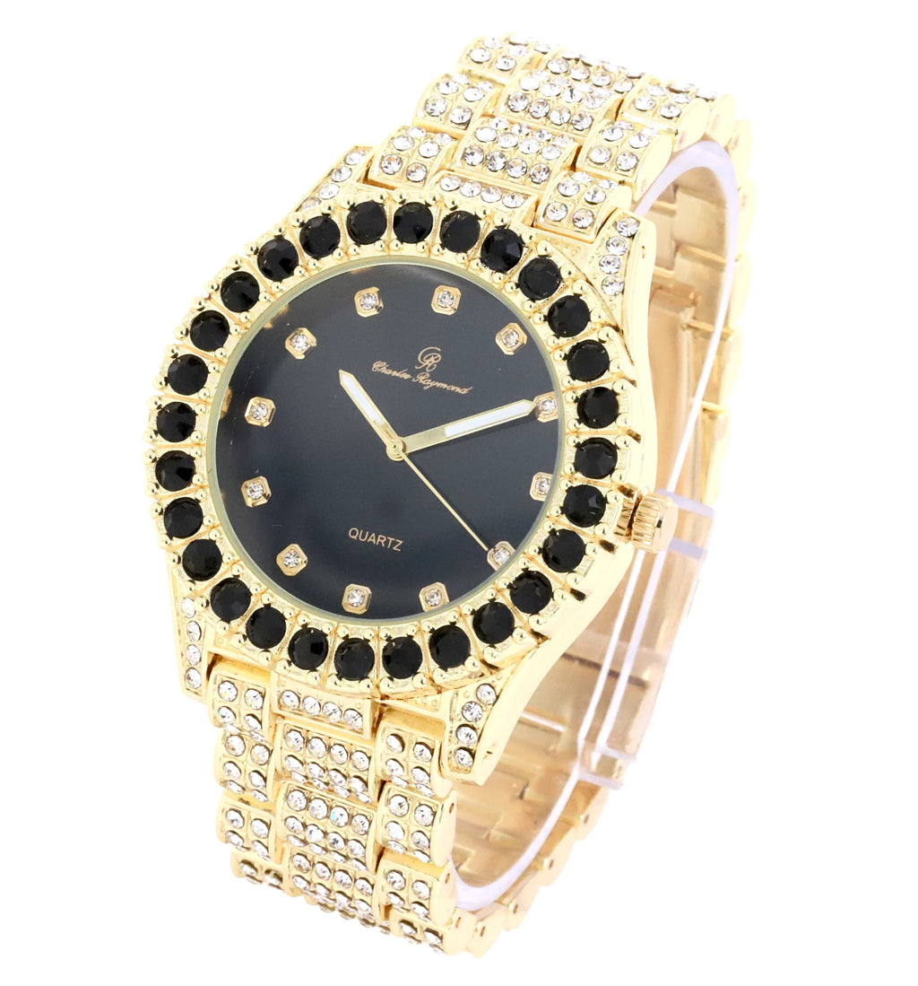 Charles Raymond Ice on Blast! Bling'ed Out Hip Hop Rolly Looks with Ice on Watch Trim and Band with Matching Zig Zag Bling'ed Out Necklace Sets -  Necklace Sets( Gold - Black