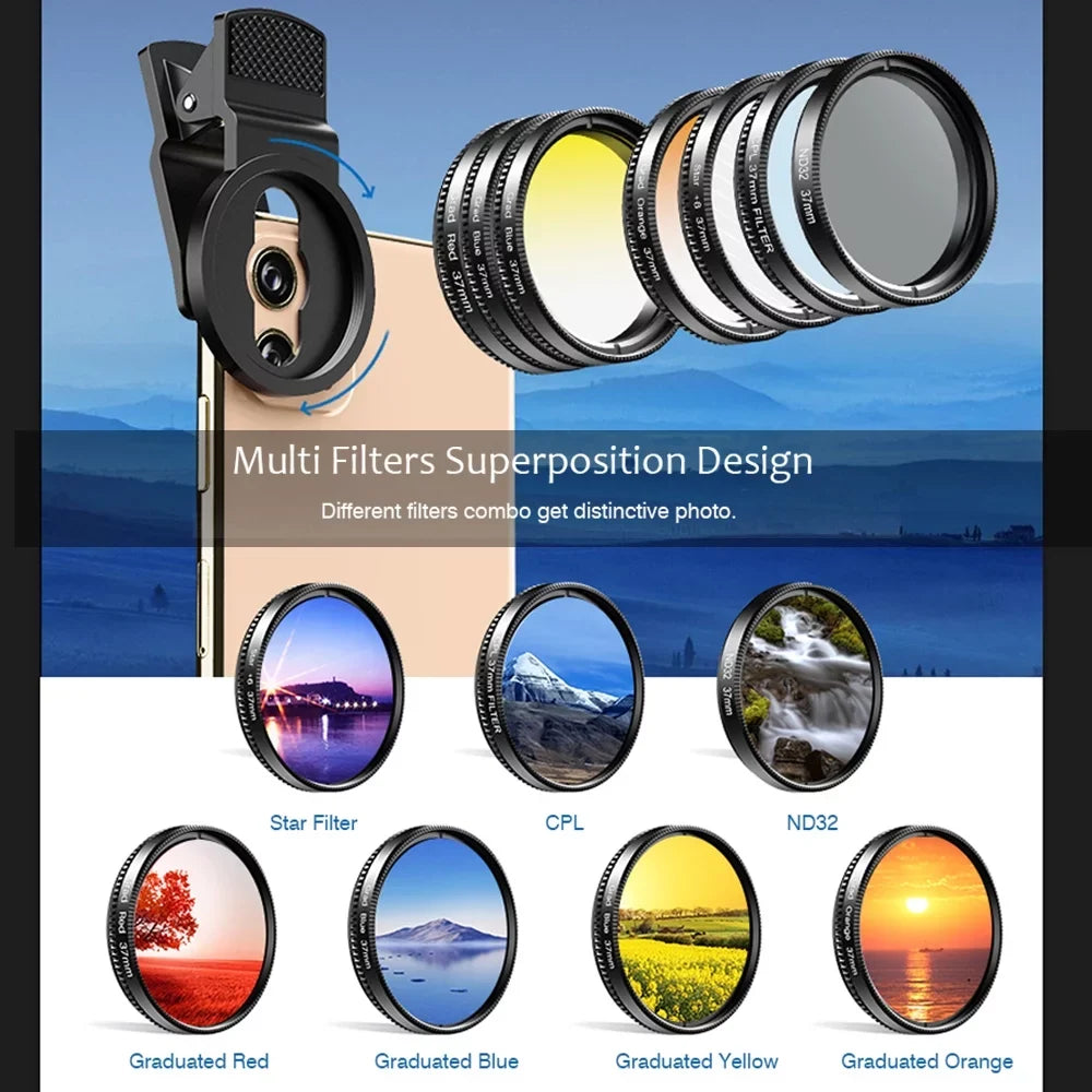 Professional 7in1 Phone Graduated Lens Filter Kit 37mm -37UV-7G with Red Blue Yellow Orange  Star Filters Suitable for Most Smartphones and 37mm Camera Lenses