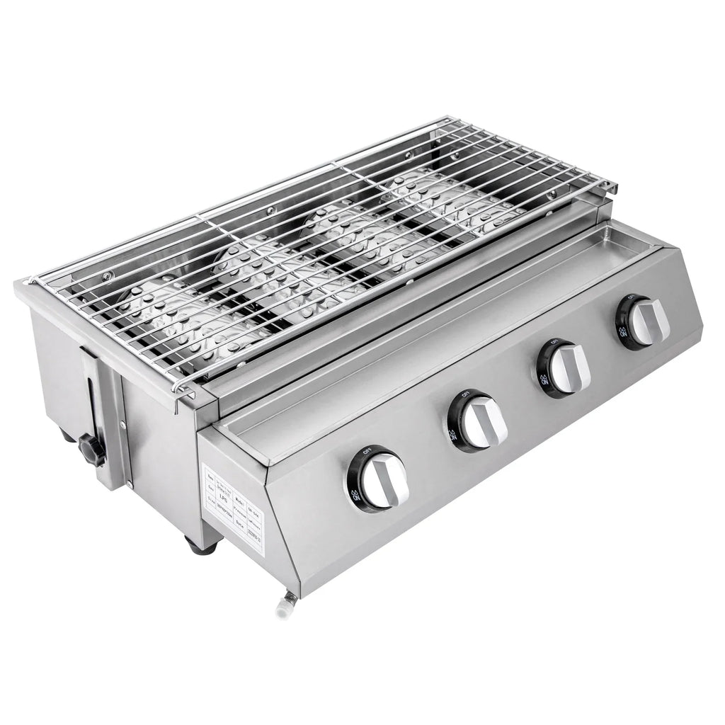 Countertop Barbeque Grill,  Gas 4-Burner Stainless Steel Grill for Outdoor Sliver