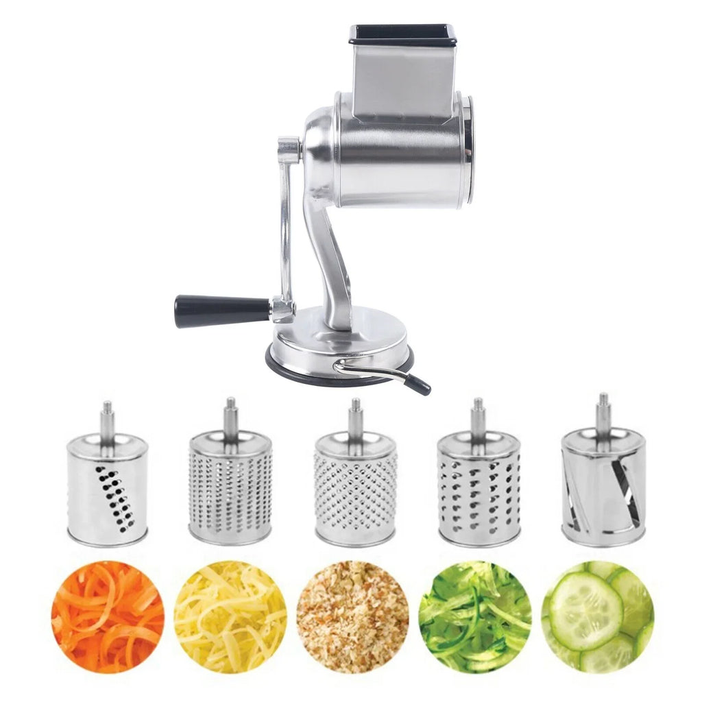 Stainless Steel Cheese Food Grater Rotary Drum Slicer Shredder Grinder with 5 Blades
