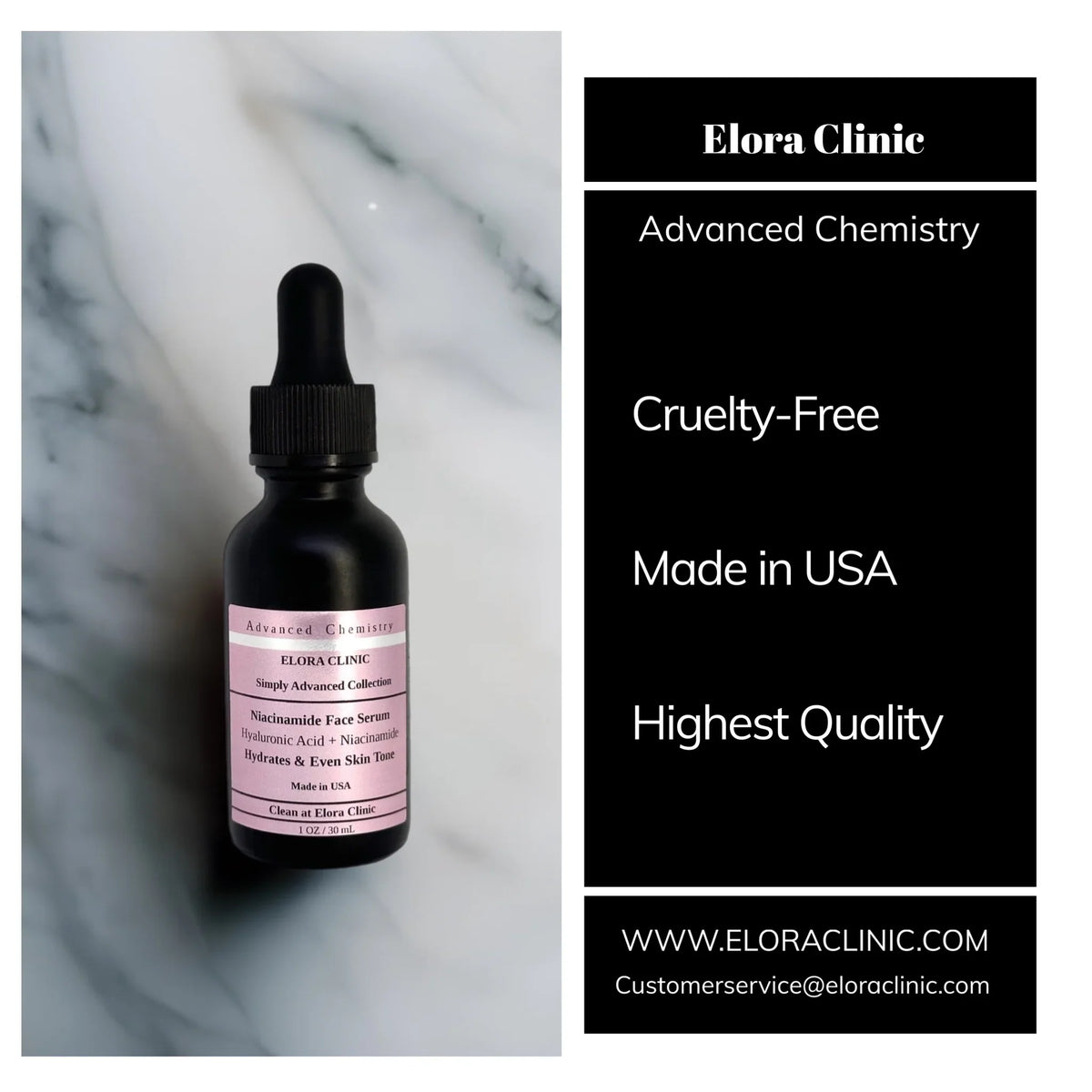 Elora Clinic 20 Niacinamide Serum - Niacinamide 20% + Hyaluronic Acid - Hydrating Hyaluronic acid + 20 Niacinamide Serum - Oil Free - Water Based