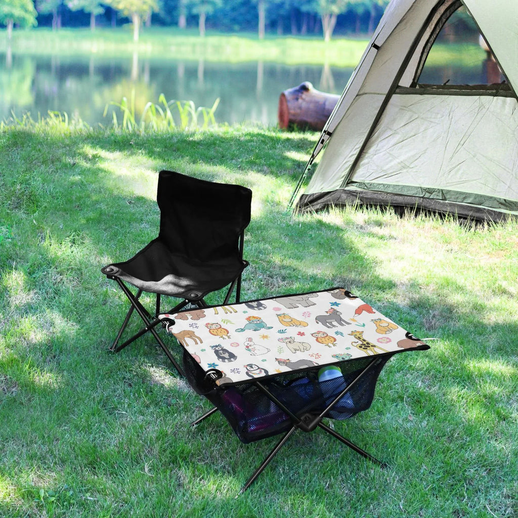Cartoon Elephant Bear Giraffe Fox Camping Folding Table Portable Beach Table with Storage Bag Compact Picnic Table for Outdoor Travel Fishing