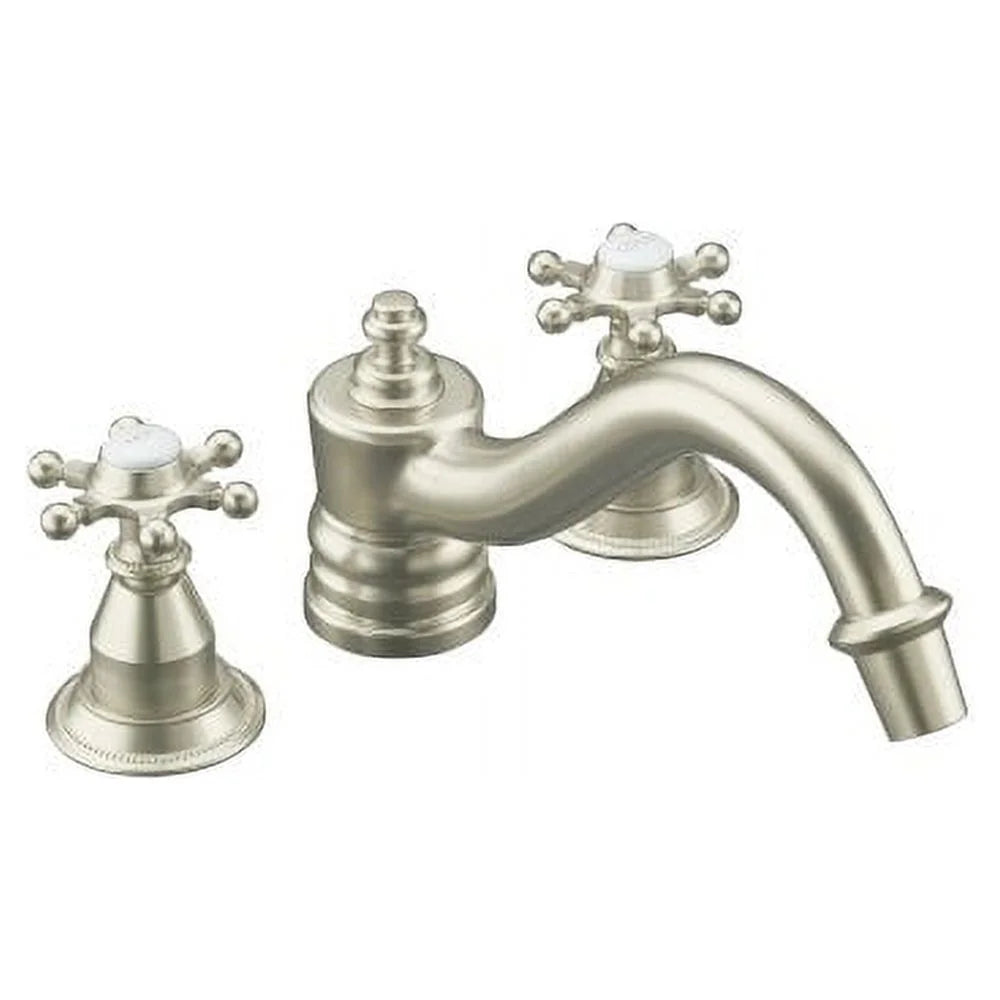 '--3D- Antique Deck-Mount High-Flow Bath Faucet Trim with Six-Prong Handles, Requires Ceramic Handle Insets and Skirts, Valve Not Included, Vibrant Brushed Nickel