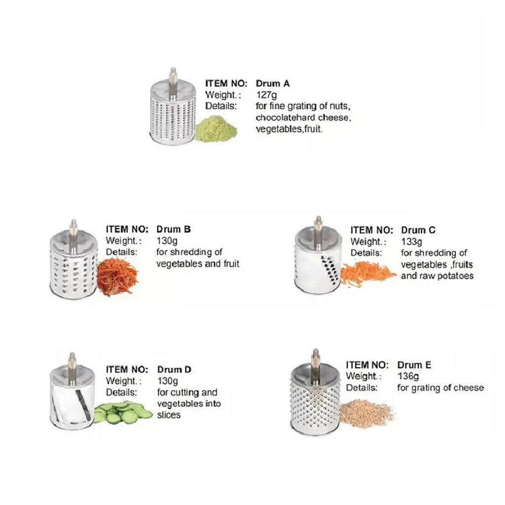 Stainless Steel Cheese Food Grater Rotary Drum Slicer Shredder Grinder with 5 Blades