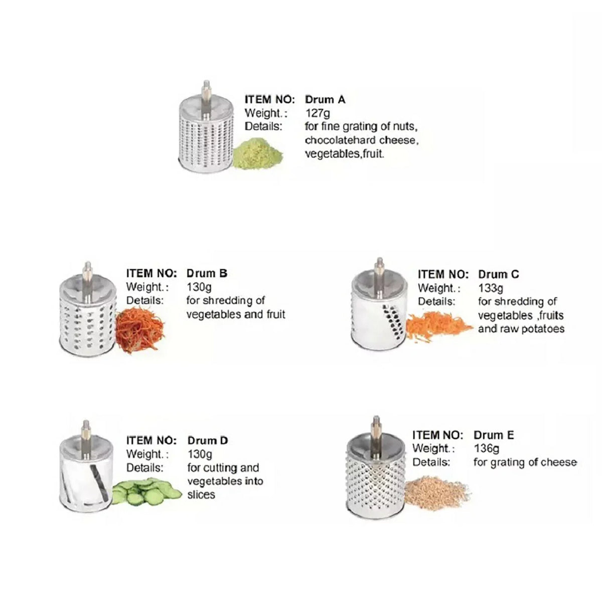 Stainless Steel Cheese Food Grater Rotary Drum Slicer Shredder Grinder with 5 Blades
