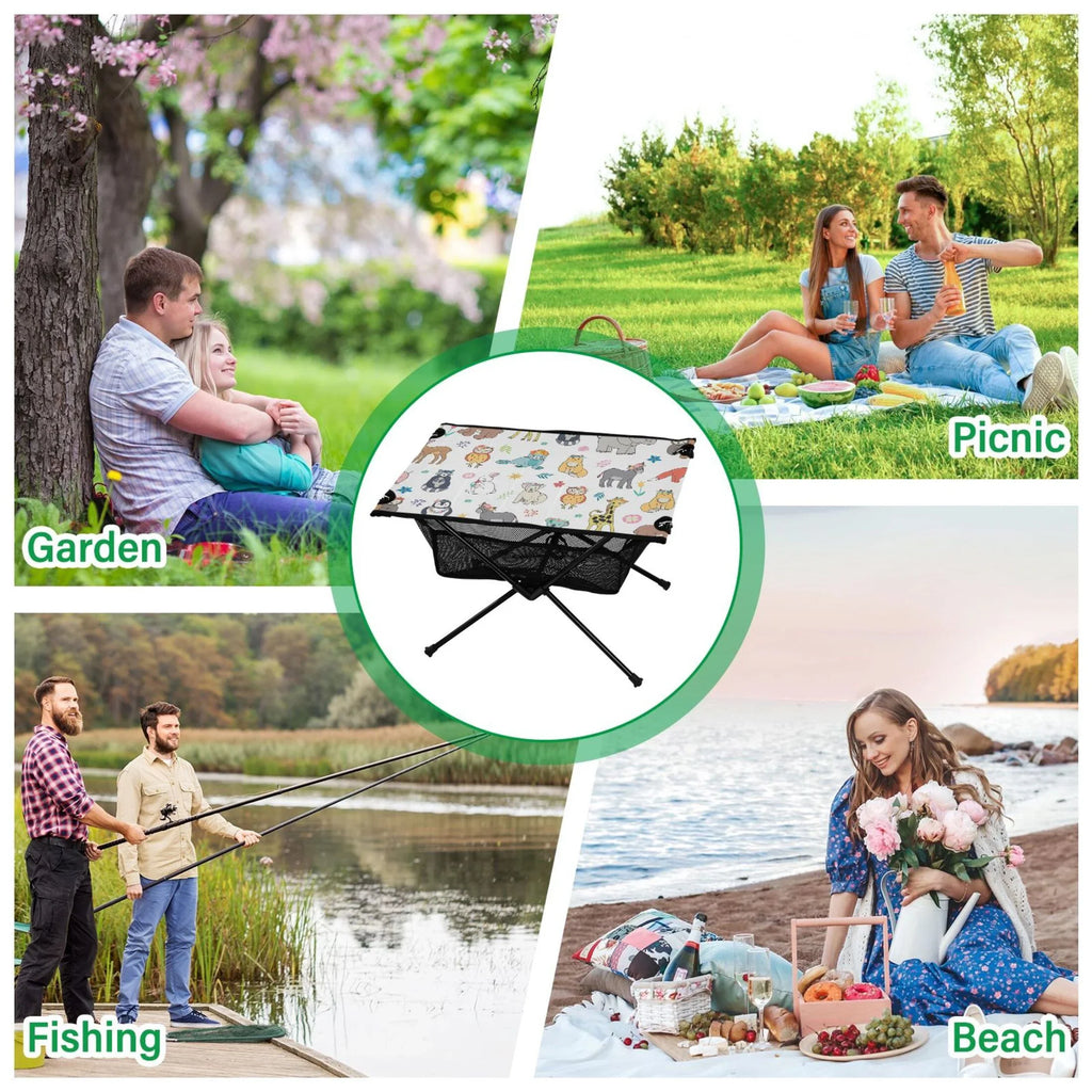Cartoon Elephant Bear Giraffe Fox Camping Folding Table Portable Beach Table with Storage Bag Compact Picnic Table for Outdoor Travel Fishing