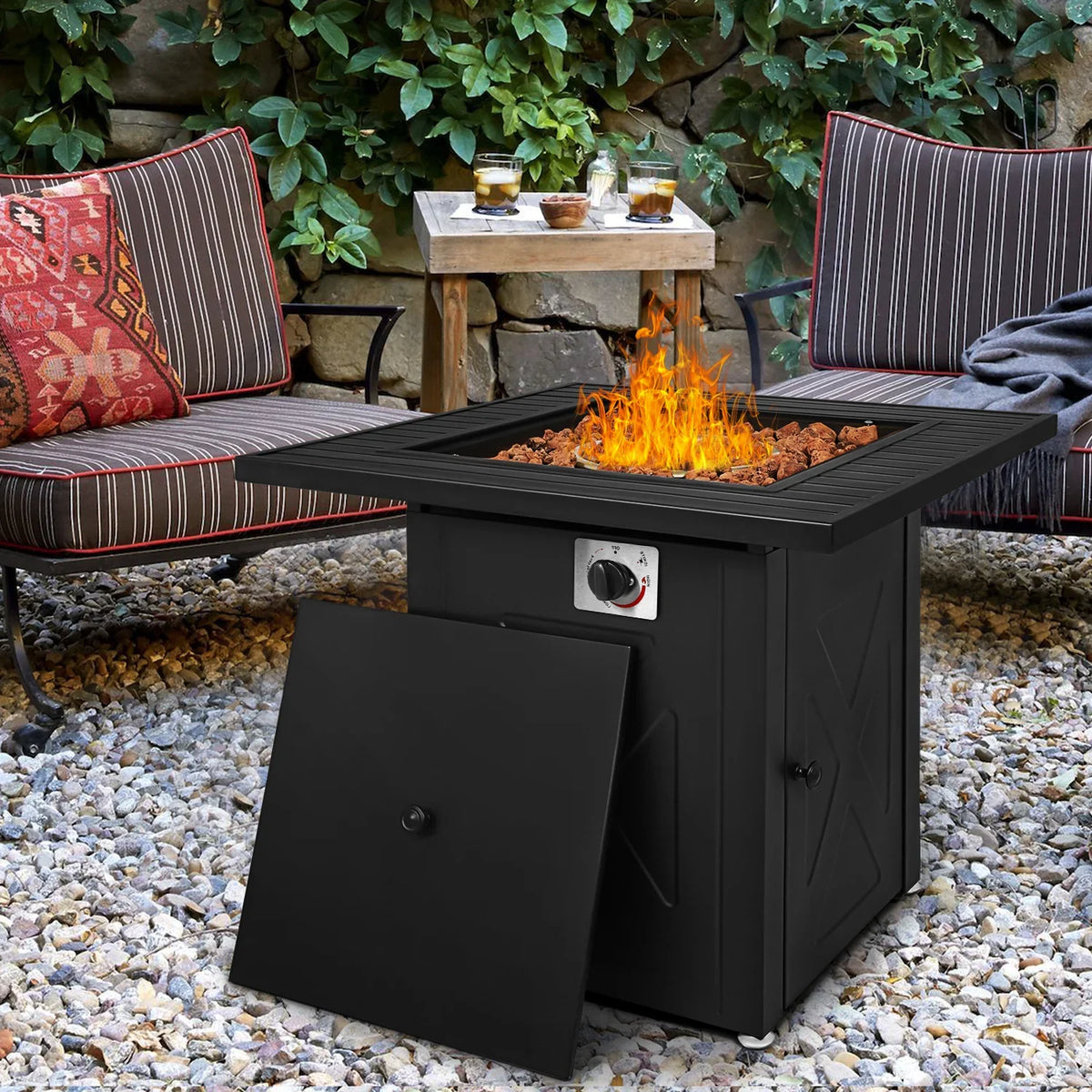 MoNiBloom 28" Fire Pit Table 50,000  Square Propane Gas Fire Pit Table with Lava Rocks and Metal Lid for Outdoor Patio, Black