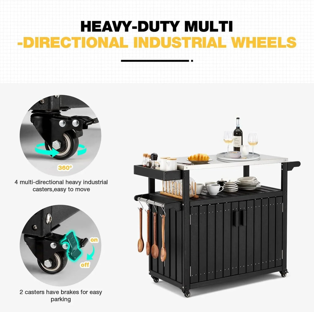 Kitchen Cart,  Kitchen Island With Stainless Steel Top And Storage Cabinet, Rolling Island Table With Hooks, Spice Rack, Towel Rack, Black