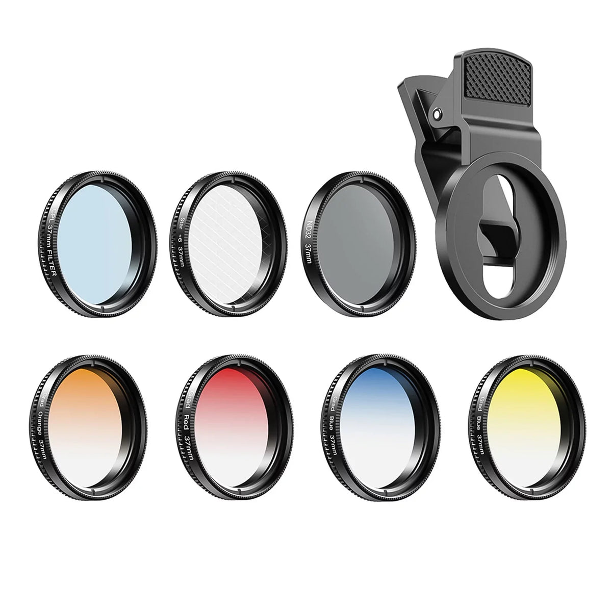 Professional 7in1 Phone Graduated Lens Filter Kit 37mm -37UV-7G with Red Blue Yellow Orange  Star Filters Suitable for Most Smartphones and 37mm Camera Lenses