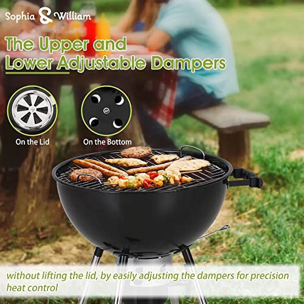 Sophia & William 18-inch Kettle Charcoal  Grill with Porcelain-Enameled Lid and Bowl, Chromeplated Grate, Ash Catcher for Outdoor Picnic  Patio Camping, Black