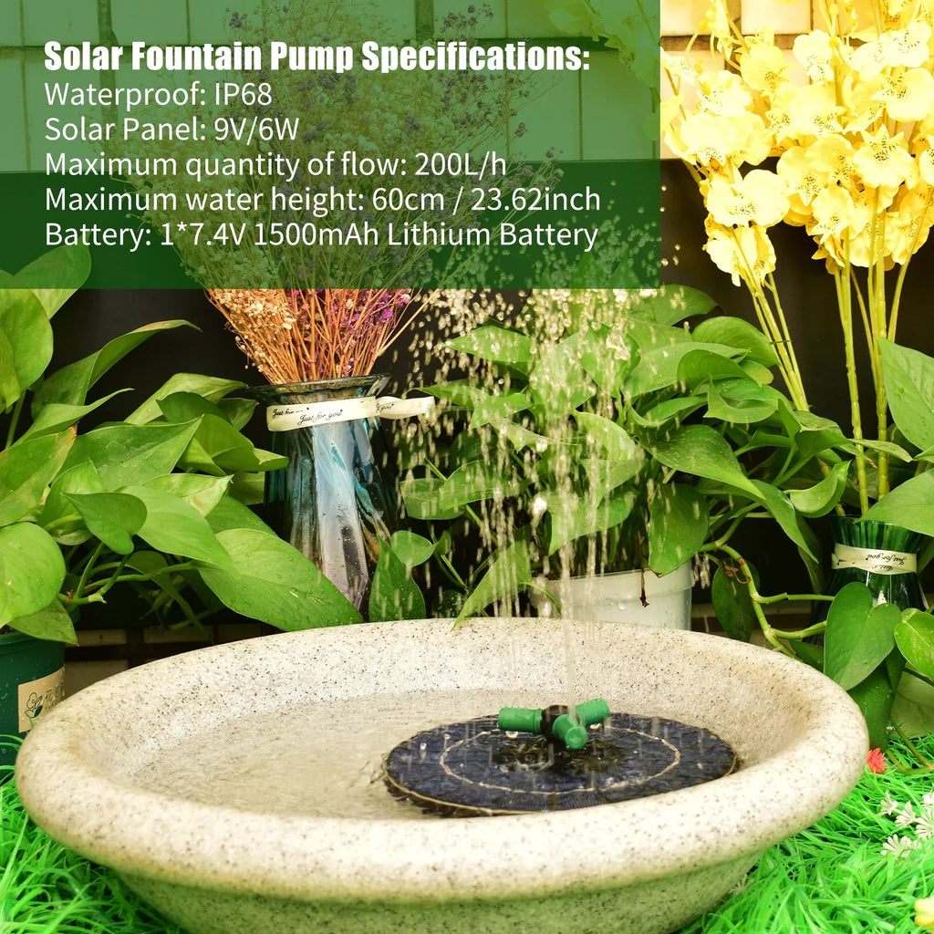 6W Colorful Solar Fountain Pump With Rotatable Nozzle  Solar Pump With Battery Auto-Shut off 9 Inch Fountain for Bird Bath Garden Small Pond