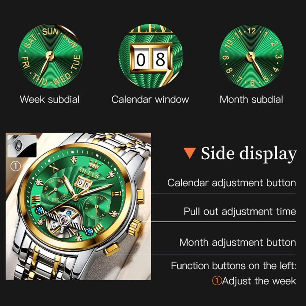 Automatic Watches for Men Luxury Business Dress Mens Watches Diamond Skeleton Self-Winding Stainless Steel Band