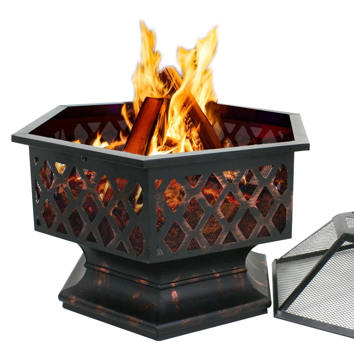 ZenSports 24’’ Outdoor Hex-Shaped Pire Pit - Portable Wood Burning Bonfire /Mesh Lid, Backyard, Black