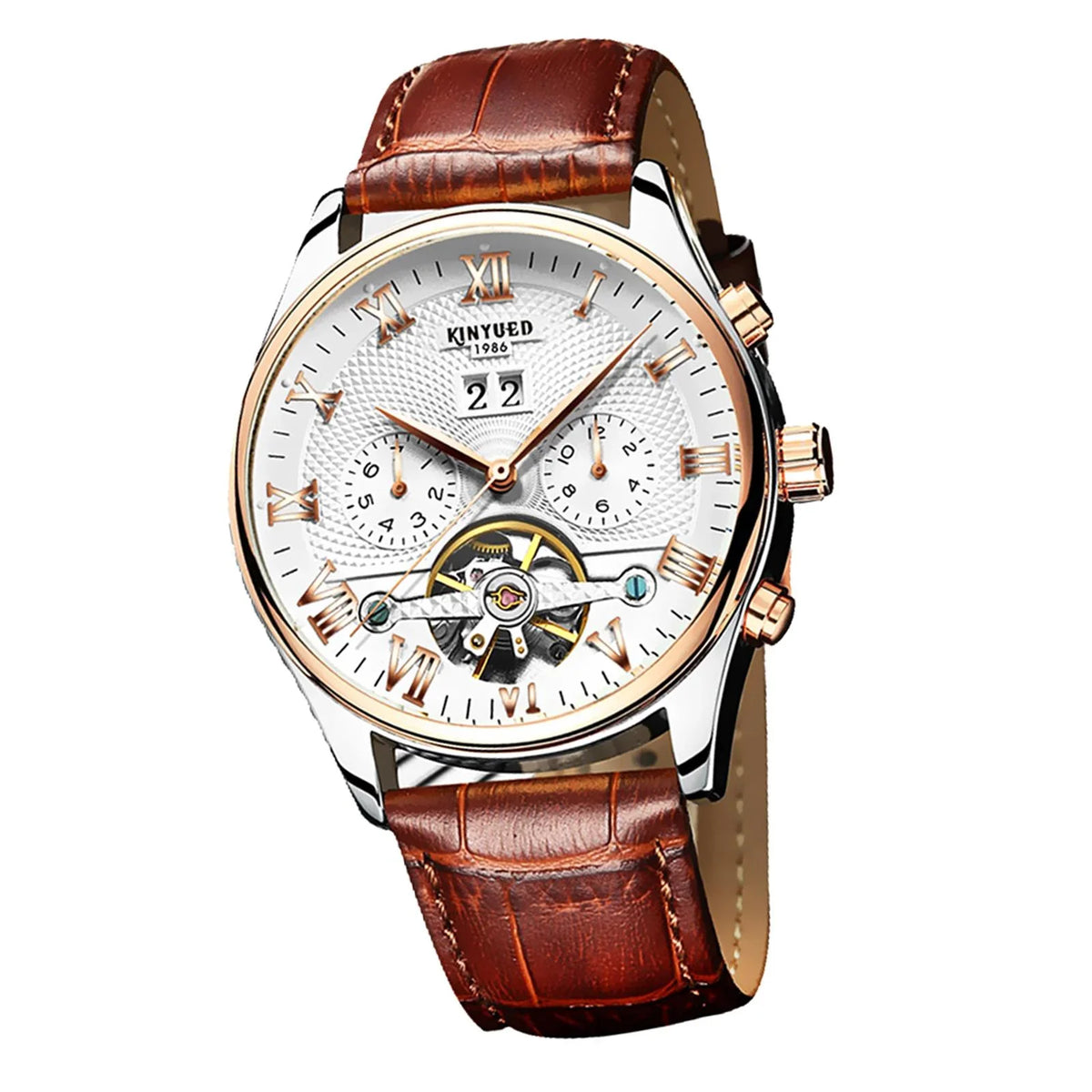 Luxury Men Chronograph Leather Strap Watch Luxury Waterproof Calendar Watch Brown