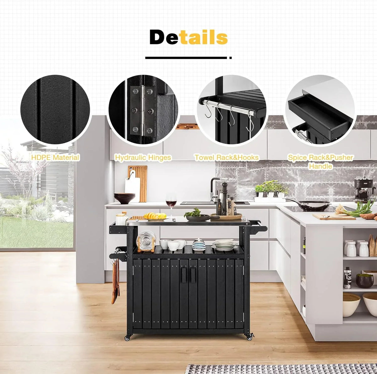 Kitchen Cart,  Kitchen Island With Stainless Steel Top And Storage Cabinet, Rolling Island Table With Hooks, Spice Rack, Towel Rack, Black