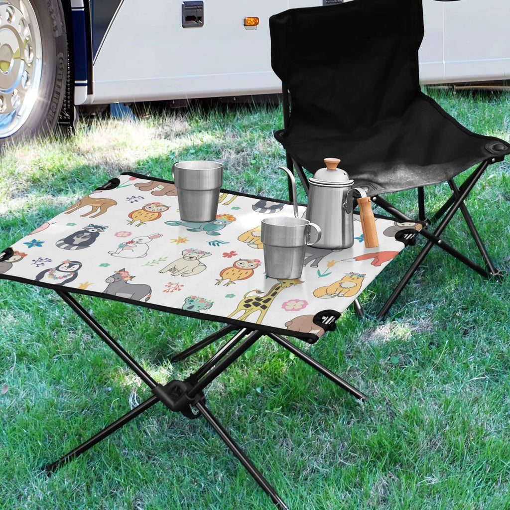 Cartoon Elephant Bear Giraffe Fox Camping Folding Table Portable Beach Table with Storage Bag Compact Picnic Table for Outdoor Travel Fishing