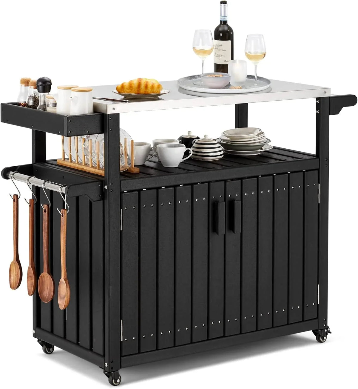 Kitchen Cart,  Kitchen Island With Stainless Steel Top And Storage Cabinet, Rolling Island Table With Hooks, Spice Rack, Towel Rack, Black