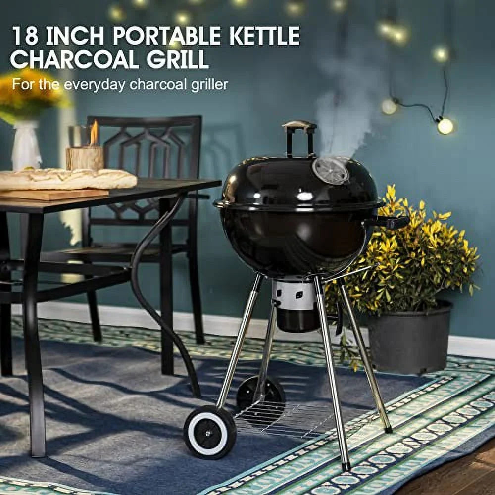 Sophia & William 18-inch Kettle Charcoal  Grill with Porcelain-Enameled Lid and Bowl, Chromeplated Grate, Ash Catcher for Outdoor Picnic  Patio Camping, Black