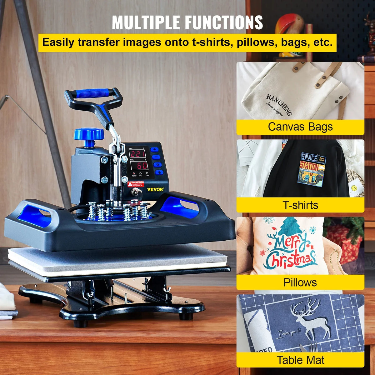 Heat Press Machine, 12" x 15" Fast Heating Pressing Machine, 360 Swing Away Digital Sublimation -Shirt Vinyl Transfer Printer with Anti-Scald Surface, Canvas Bag, Pillow, Blue