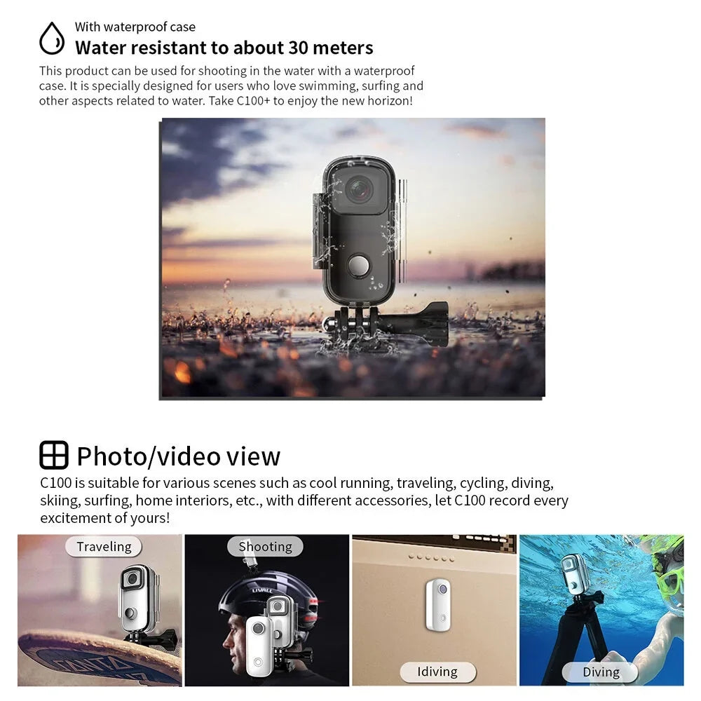 Mini Action Camera 1080P/30fps Digital Video Camera 30M Waterproof Magnetic Body Built-in Battery WiFi Connection  Sharing with Waterproof Case Back Clip Lanyard