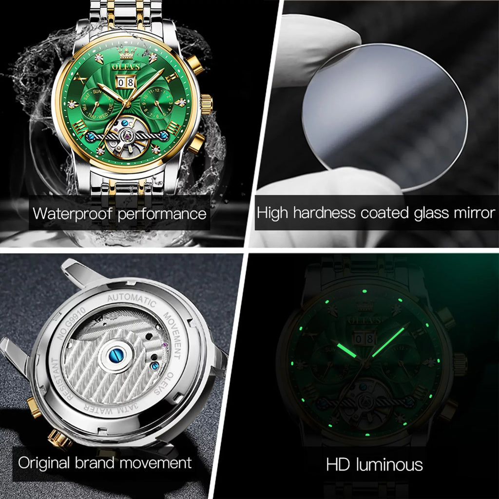 Automatic Watches for Men Luxury Business Dress Mens Watches Diamond Skeleton Self-Winding Stainless Steel Band
