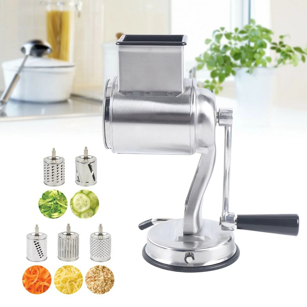 Stainless Steel Cheese Food Grater Rotary Drum Slicer Shredder Grinder with 5 Blades