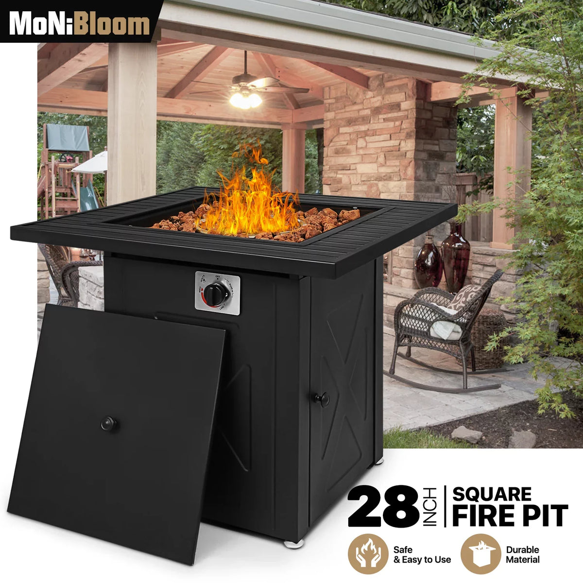 MoNiBloom 28" Fire Pit Table 50,000  Square Propane Gas Fire Pit Table with Lava Rocks and Metal Lid for Outdoor Patio, Black