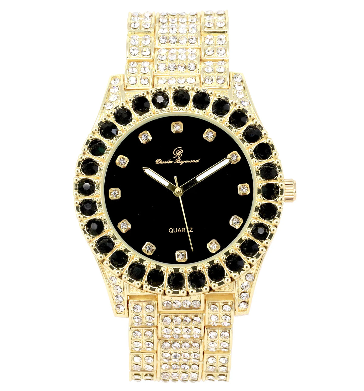 Charles Raymond Ice on Blast! Bling'ed Out Hip Hop Rolly Looks with Ice on Watch Trim and Band with Matching Zig Zag Bling'ed Out Necklace Sets -  Necklace Sets( Gold - Black
