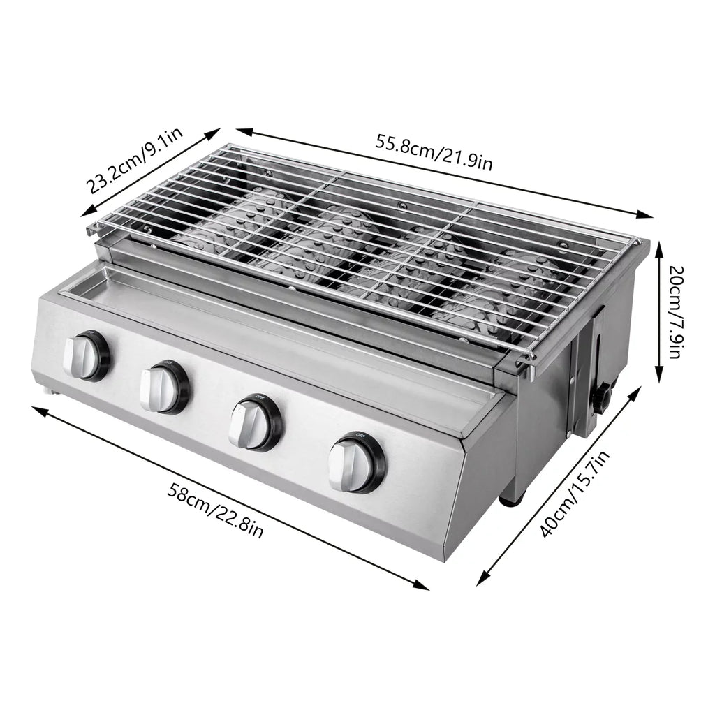 Countertop Barbeque Grill,  Gas 4-Burner Stainless Steel Grill for Outdoor Sliver
