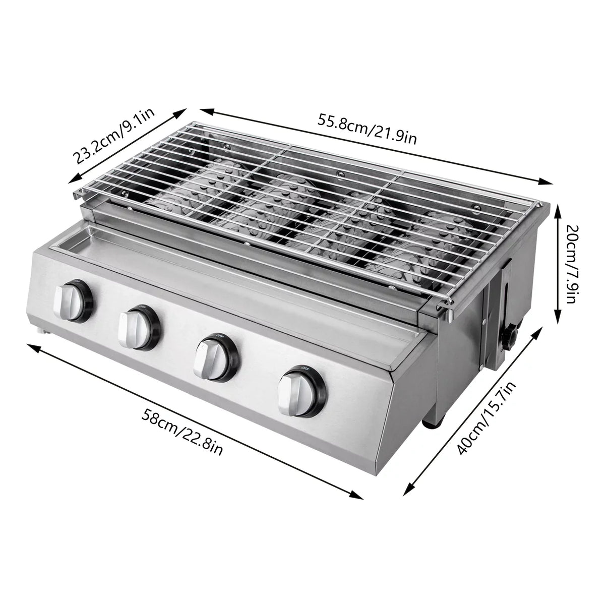 Countertop Barbeque Grill,  Gas 4-Burner Stainless Steel Grill for Outdoor Sliver