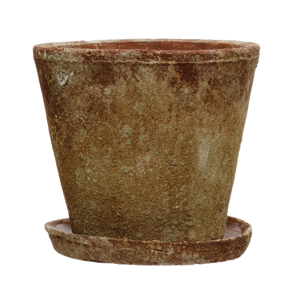 Creative Co-Op Cement Planter with Saucer, Distressed Terra-cotta Finish, Set of 2 (Holds 8" Pot)