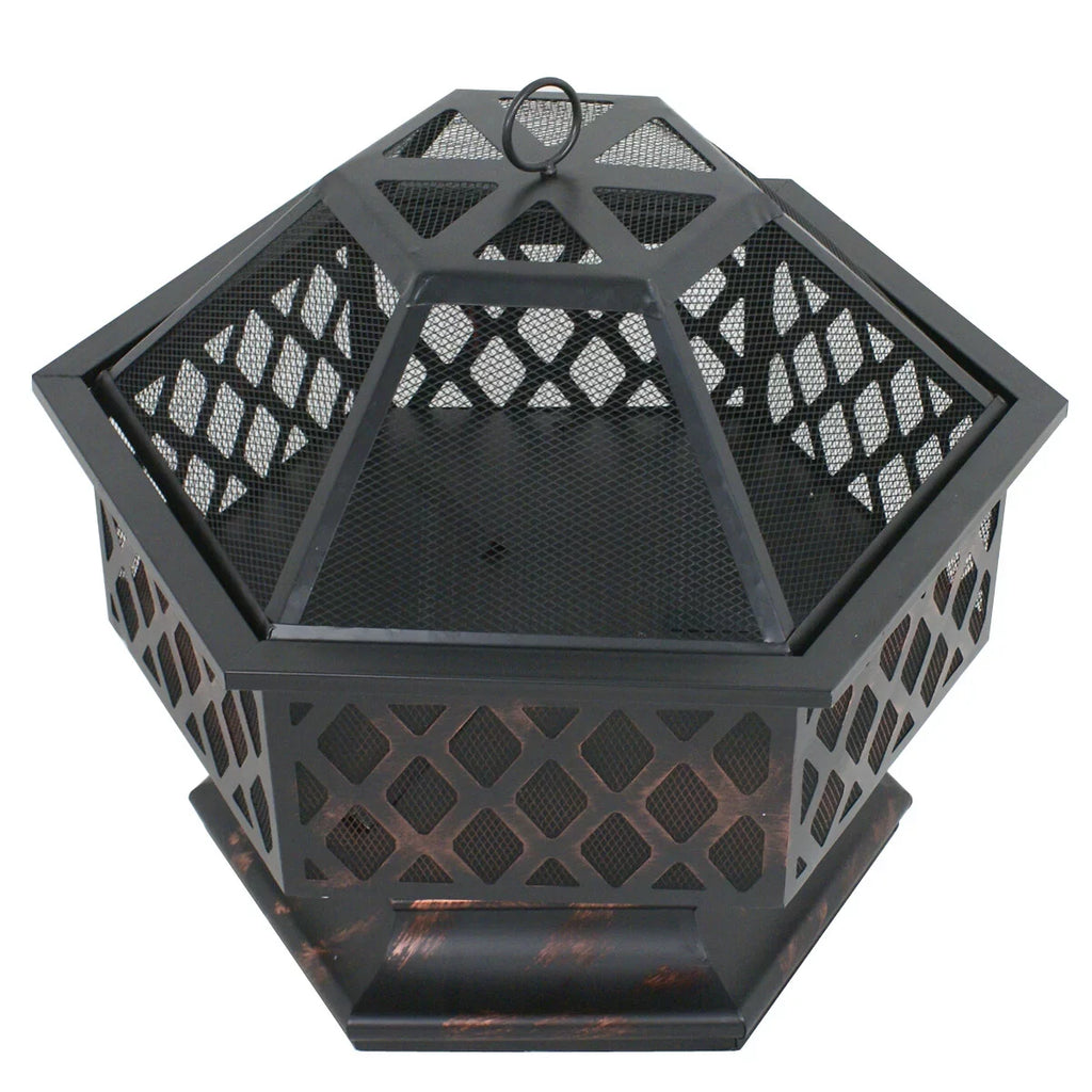 ZenSports 24’’ Outdoor Hex-Shaped Pire Pit - Portable Wood Burning Bonfire /Mesh Lid, Backyard, Black