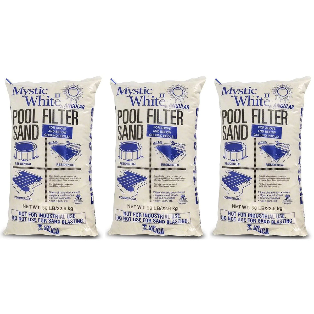 .. Silica 50lbs Mystic White  Swimming Pool Filter Sand, White (3 Pack)