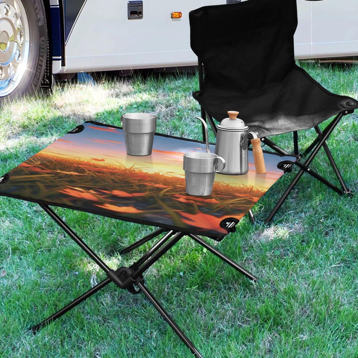 Autumn Leaves in Sunset Camping Folding Table Portable Beach Table with Storage Bag Compact Picnic Table for Outdoor Travel Fishing