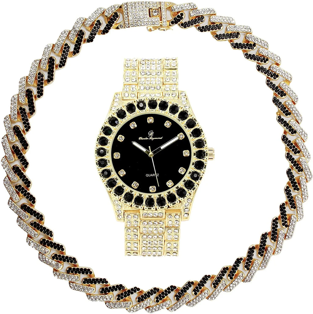 Charles Raymond Ice on Blast! Bling'ed Out Hip Hop Rolly Looks with Ice on Watch Trim and Band with Matching Zig Zag Bling'ed Out Necklace Sets -  Necklace Sets( Gold - Black