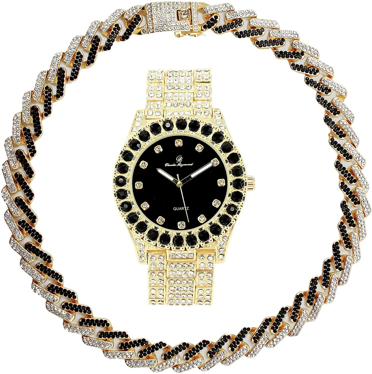 Charles Raymond Ice on Blast! Bling'ed Out Hip Hop Rolly Looks with Ice on Watch Trim and Band with Matching Zig Zag Bling'ed Out Necklace Sets -  Necklace Sets( Gold - Black
