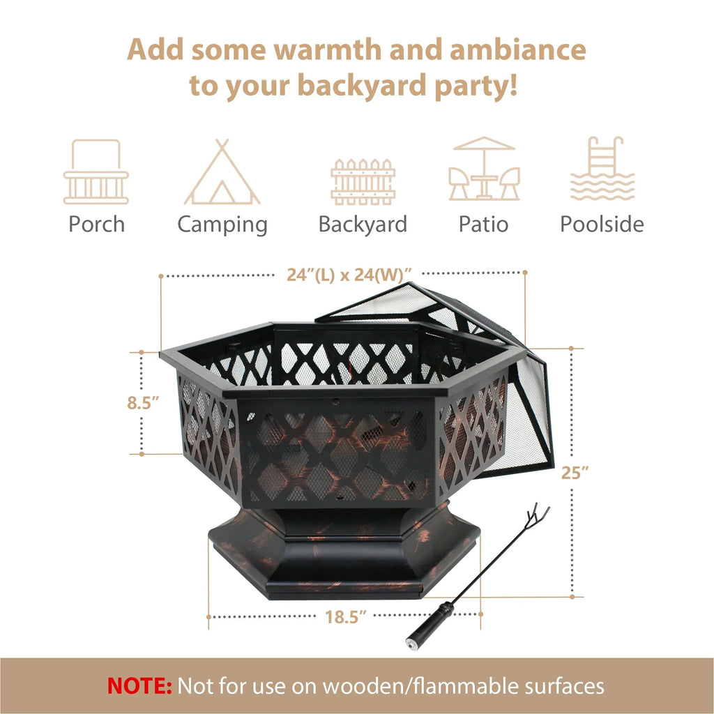 ZenSports 24’’ Outdoor Hex-Shaped Pire Pit - Portable Wood Burning Bonfire /Mesh Lid, Backyard, Black
