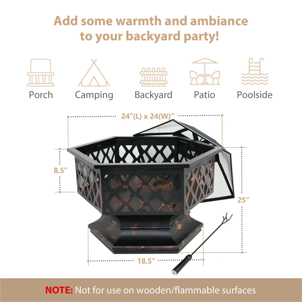 ZenSports 24’’ Outdoor Hex-Shaped Pire Pit - Portable Wood Burning Bonfire /Mesh Lid, Backyard, Black