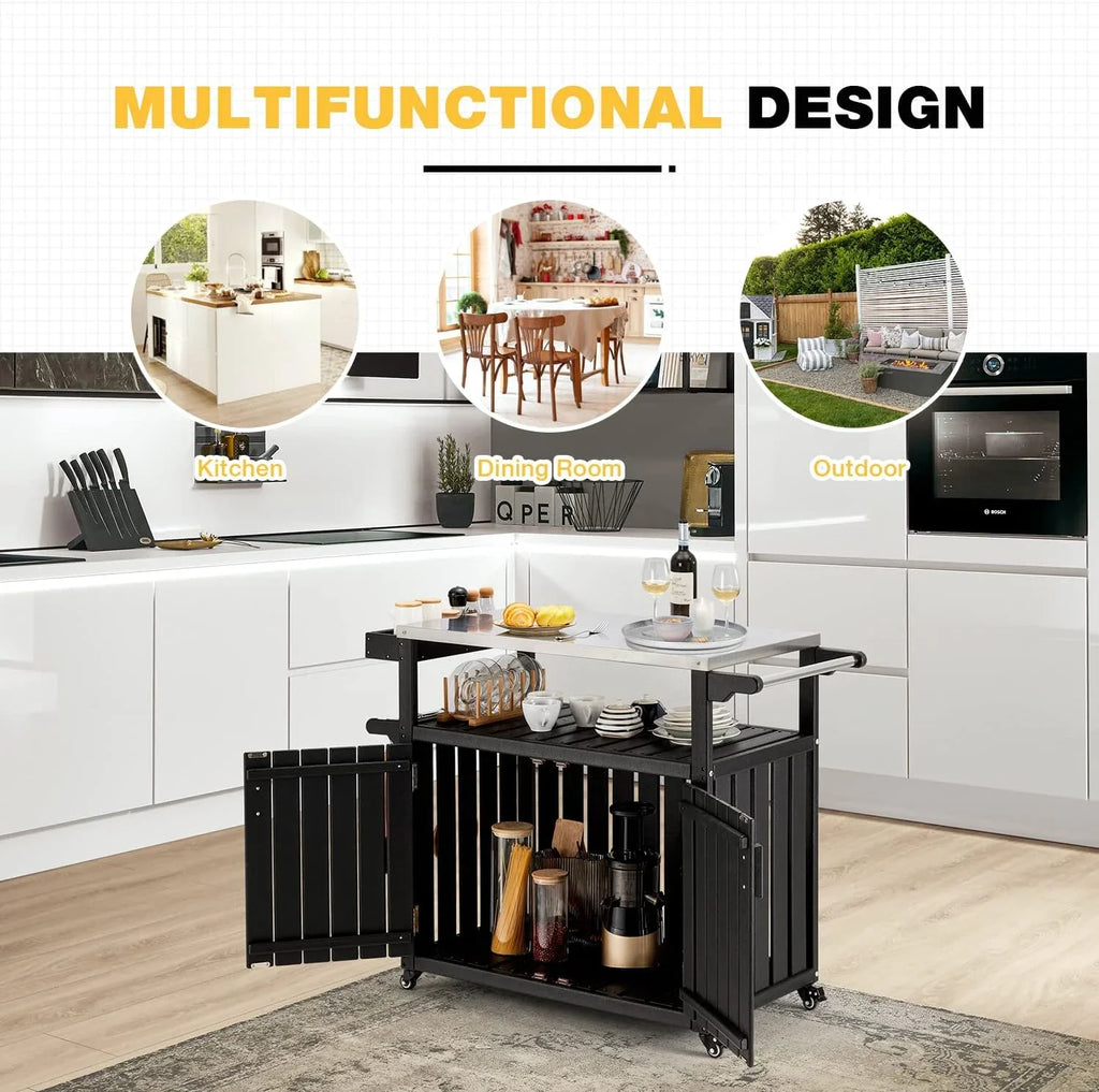 Kitchen Cart,  Kitchen Island With Stainless Steel Top And Storage Cabinet, Rolling Island Table With Hooks, Spice Rack, Towel Rack, Black