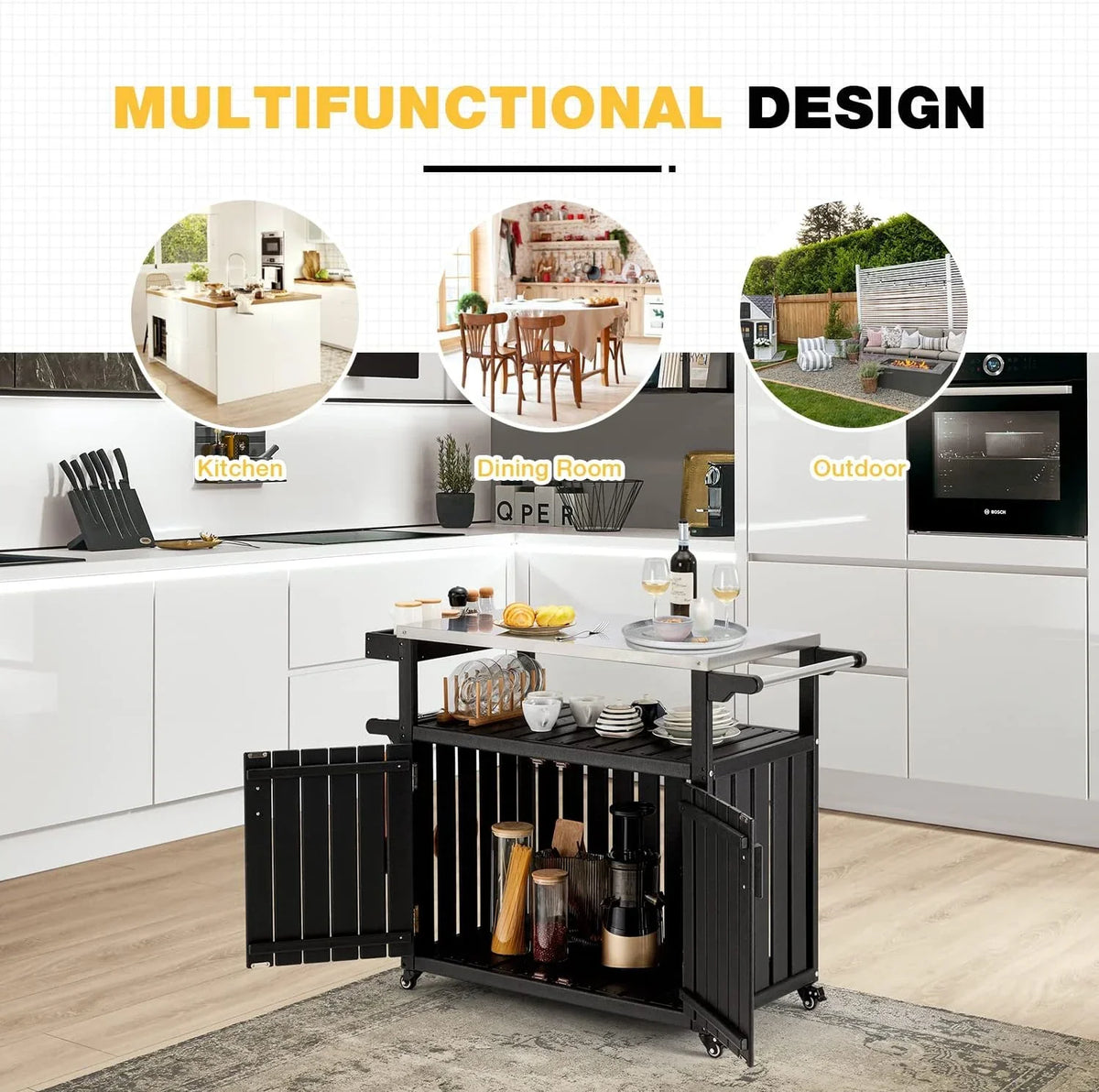 Kitchen Cart,  Kitchen Island With Stainless Steel Top And Storage Cabinet, Rolling Island Table With Hooks, Spice Rack, Towel Rack, Black