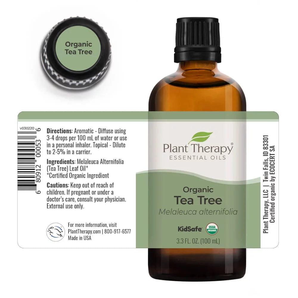 Plant Therapy Organic Tea Tree Oil (Melaleuca) 100% Pure,  Certified Organic, Undiluted, Natural Aromatherapy, Therapeutic Grade 100 mL (3.3 oz)