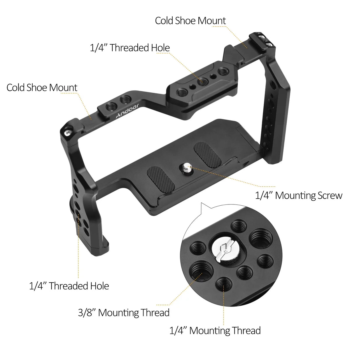 Andoer Camera Cage Aluminum Alloy Video Cage with Dual Cold Shoe Mounts Numerous 1/4 Inch Threads Replacement for Sony / / /  /  /