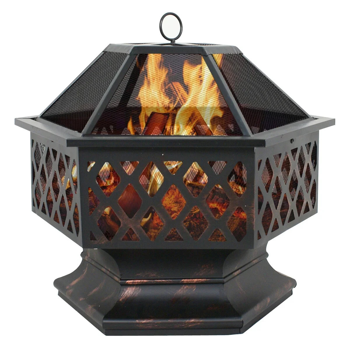 ZenSports 24’’ Outdoor Hex-Shaped Pire Pit - Portable Wood Burning Bonfire /Mesh Lid, Backyard, Black