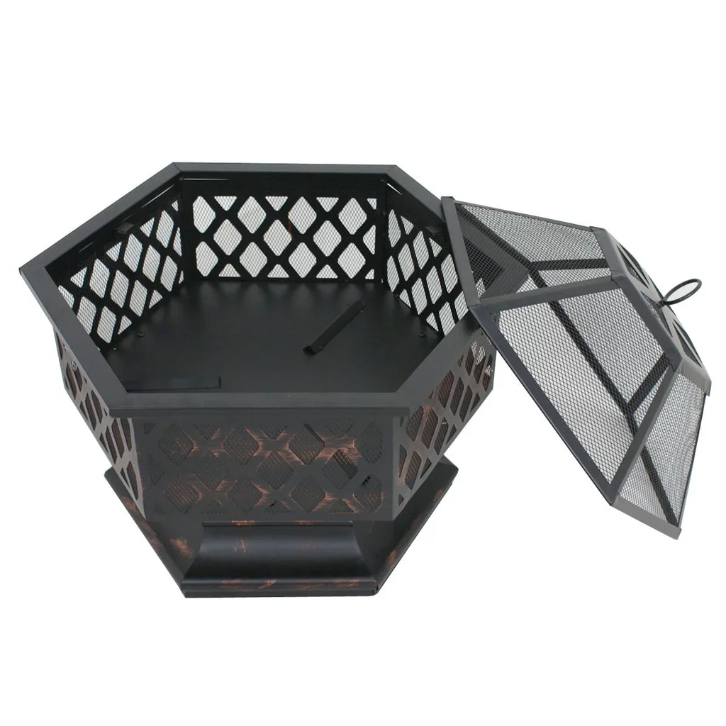 ZenSports 24’’ Outdoor Hex-Shaped Pire Pit - Portable Wood Burning Bonfire /Mesh Lid, Backyard, Black