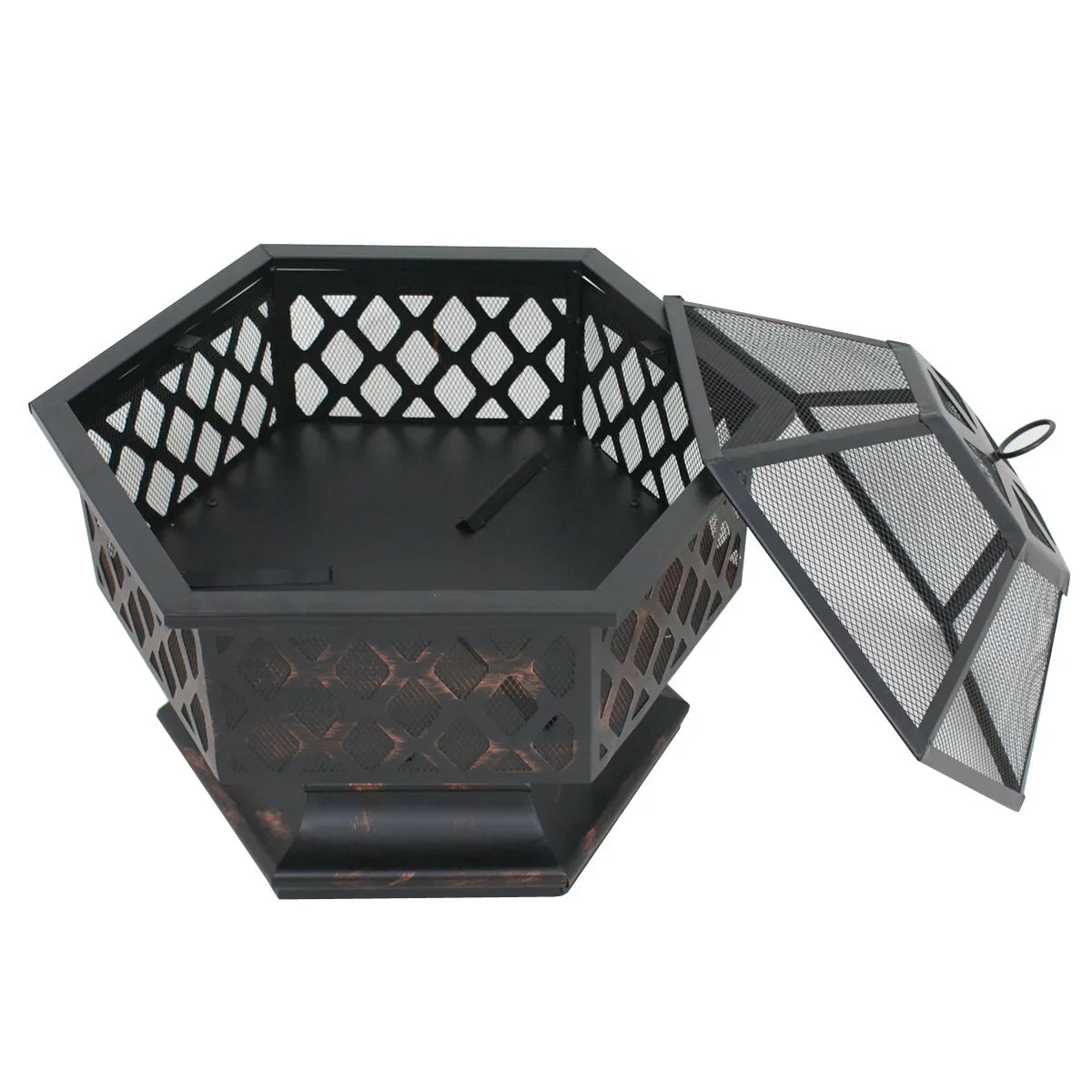 ZenSports 24’’ Outdoor Hex-Shaped Pire Pit - Portable Wood Burning Bonfire /Mesh Lid, Backyard, Black